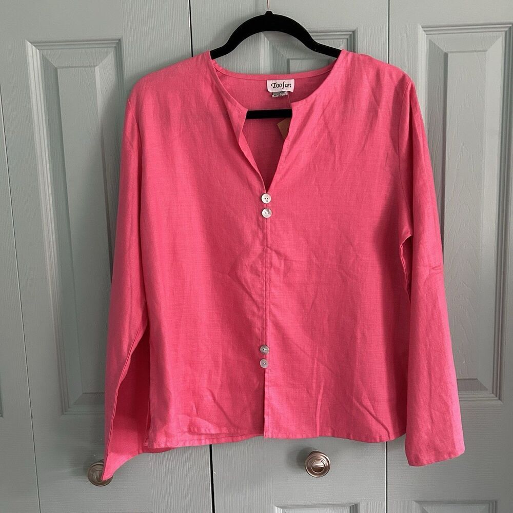 Toofan Womens Linen Pink V-Neck Tunic Blouse Small Relaxed Lagenlook Coastal